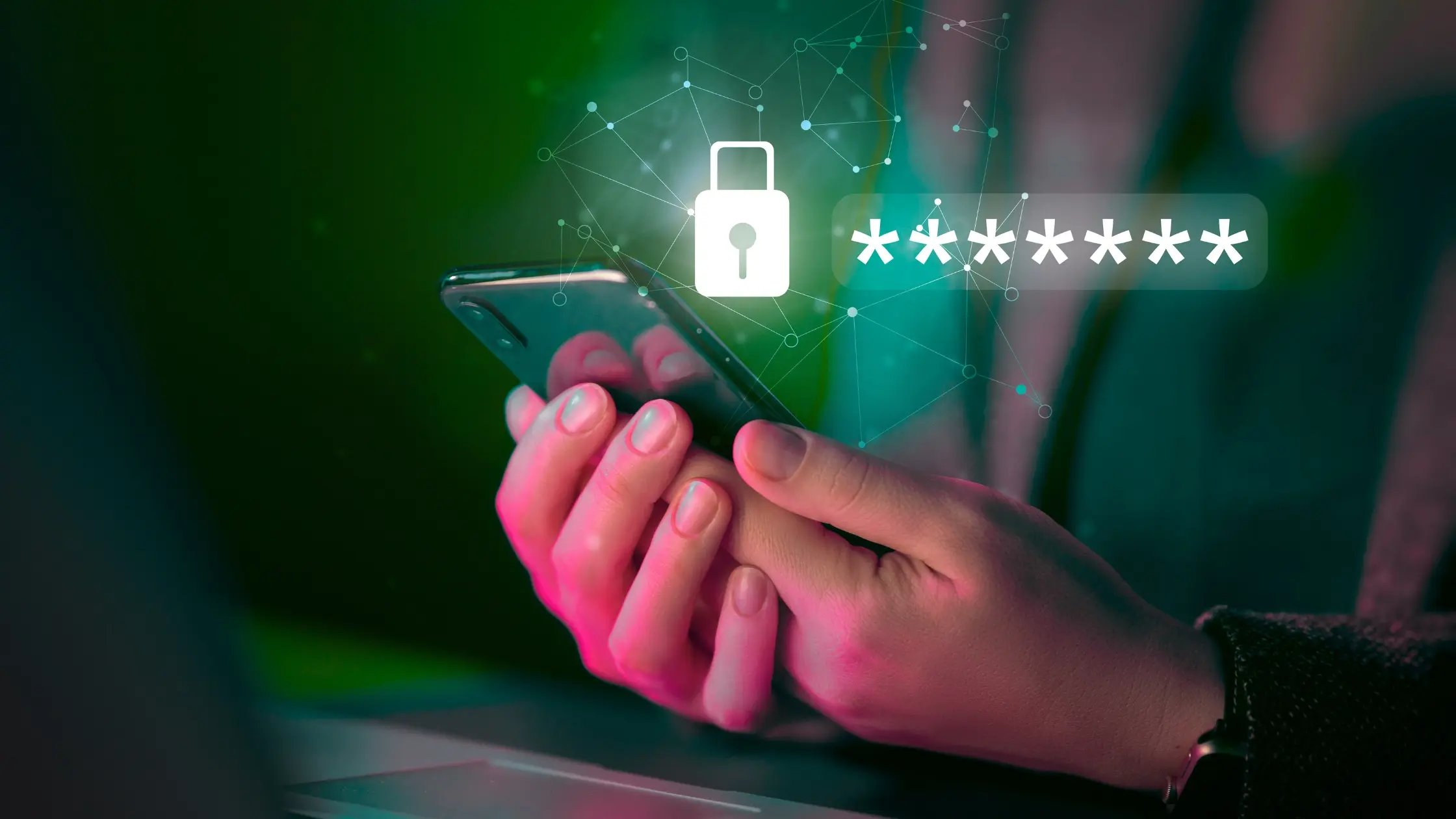 Close-up of hands holding smartphone with digital password and lock icon, mobile data encryption and cybersecurity