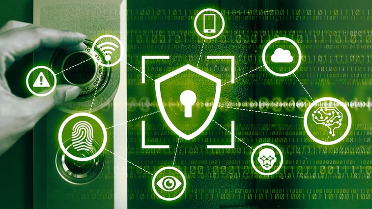 A hand turning a combination lock with interconnected security icons, including a fingerprint, shield, and cloud, symbolizing digital protection and encryption.