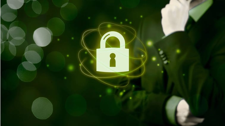 Glowing padlock icon floating in front of a business professional, symbolizing digital security, data protection, and cybersecurity solutions.