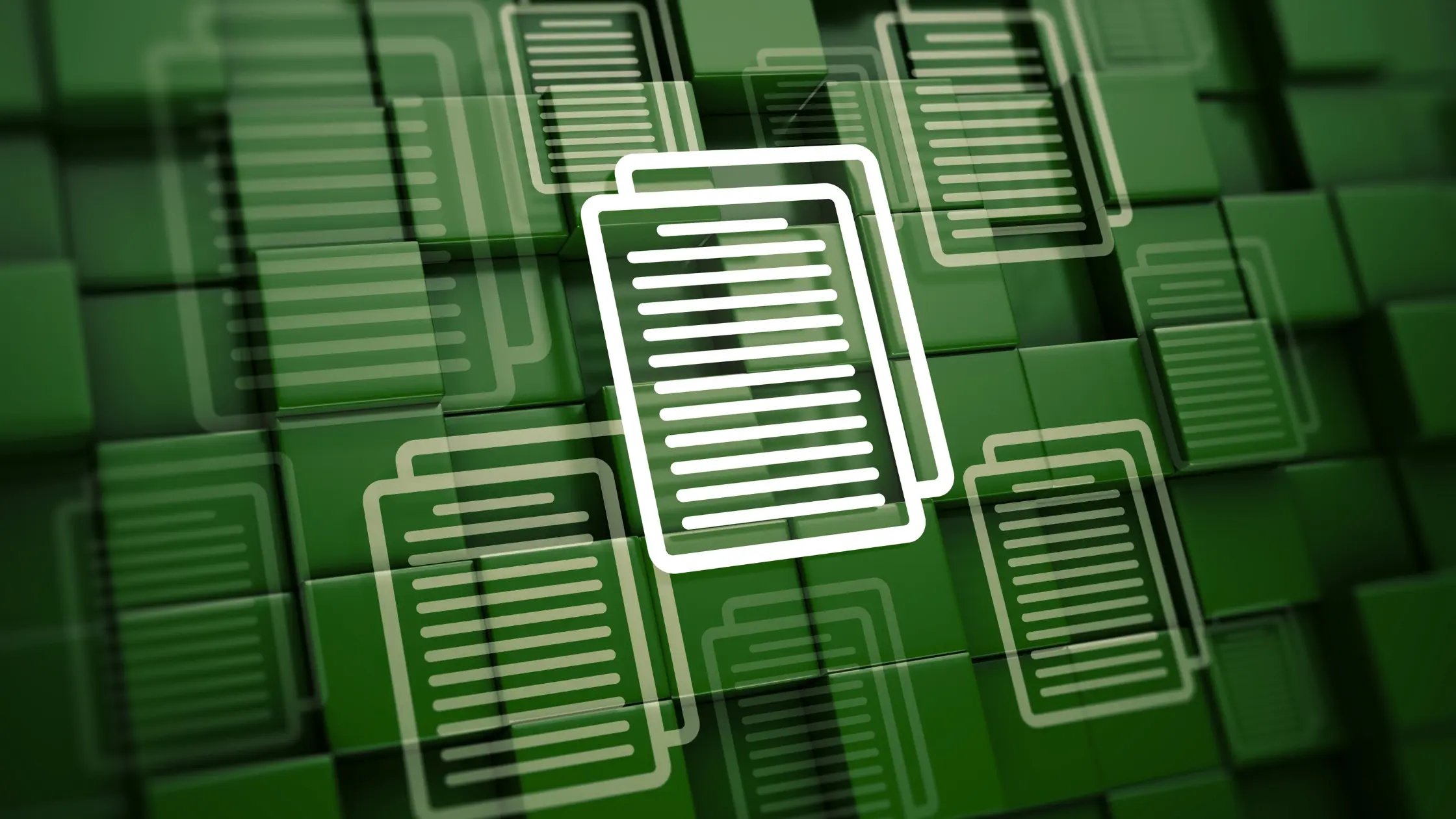 Digital document icon on green abstract blocks background - paperless data storage and file management concept