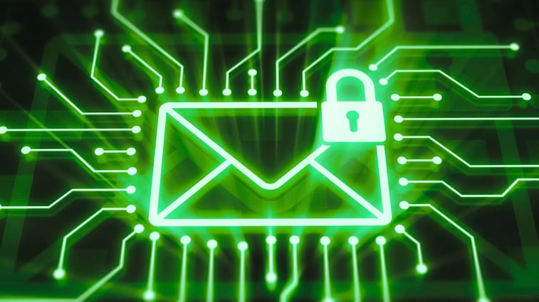 Glowing green digital envelope with a padlock icon, symbolizing secure email encryption, data privacy, and cybersecurity in electronic communications.
