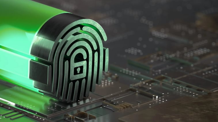3D digital fingerprint icon with a padlock, symbolizing cybersecurity and biometric authentication on a circuit board.