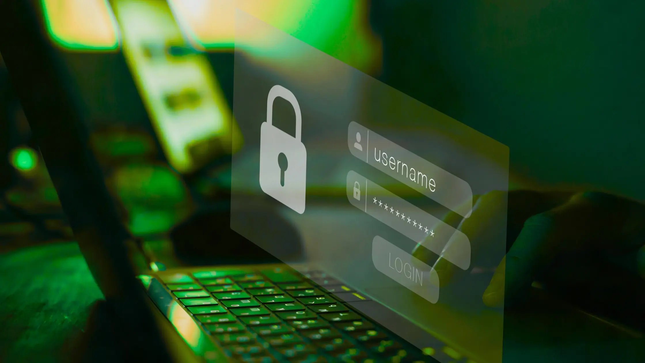 Secure login interface with username and password fields over a laptop keyboard, symbolizing cybersecurity and online account protection.